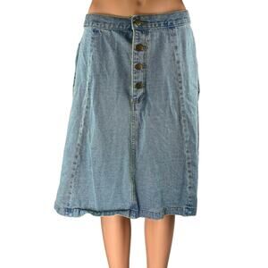 Molly Green Blue Button Fly Pockets Midi Flared A-Line Denim Jeans Skirt Size M